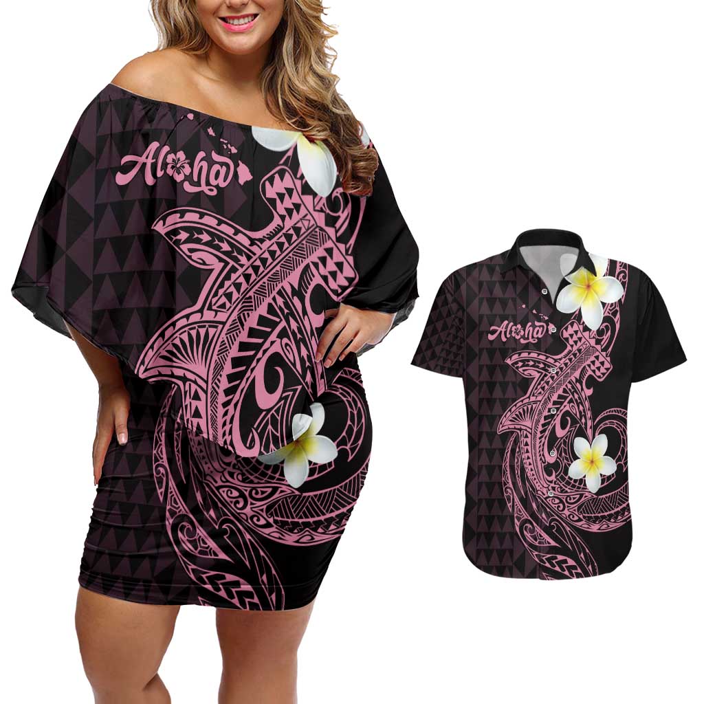 Aloha Hammerhead Shark Couples Matching Off Shoulder Short Dress and Hawaiian Shirt Vivacious Pink Hawaiian Kakau Tribal Tattoo