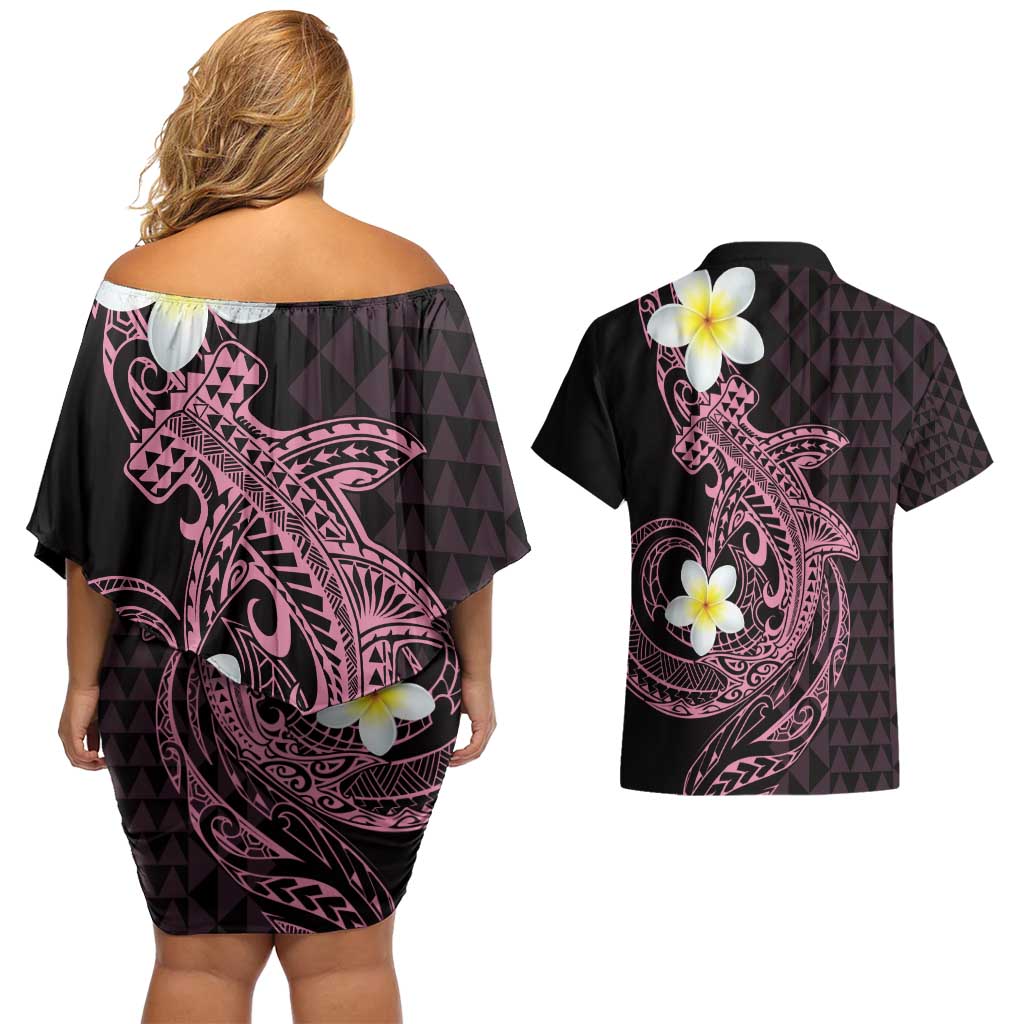 Aloha Hammerhead Shark Couples Matching Off Shoulder Short Dress and Hawaiian Shirt Vivacious Pink Hawaiian Kakau Tribal Tattoo