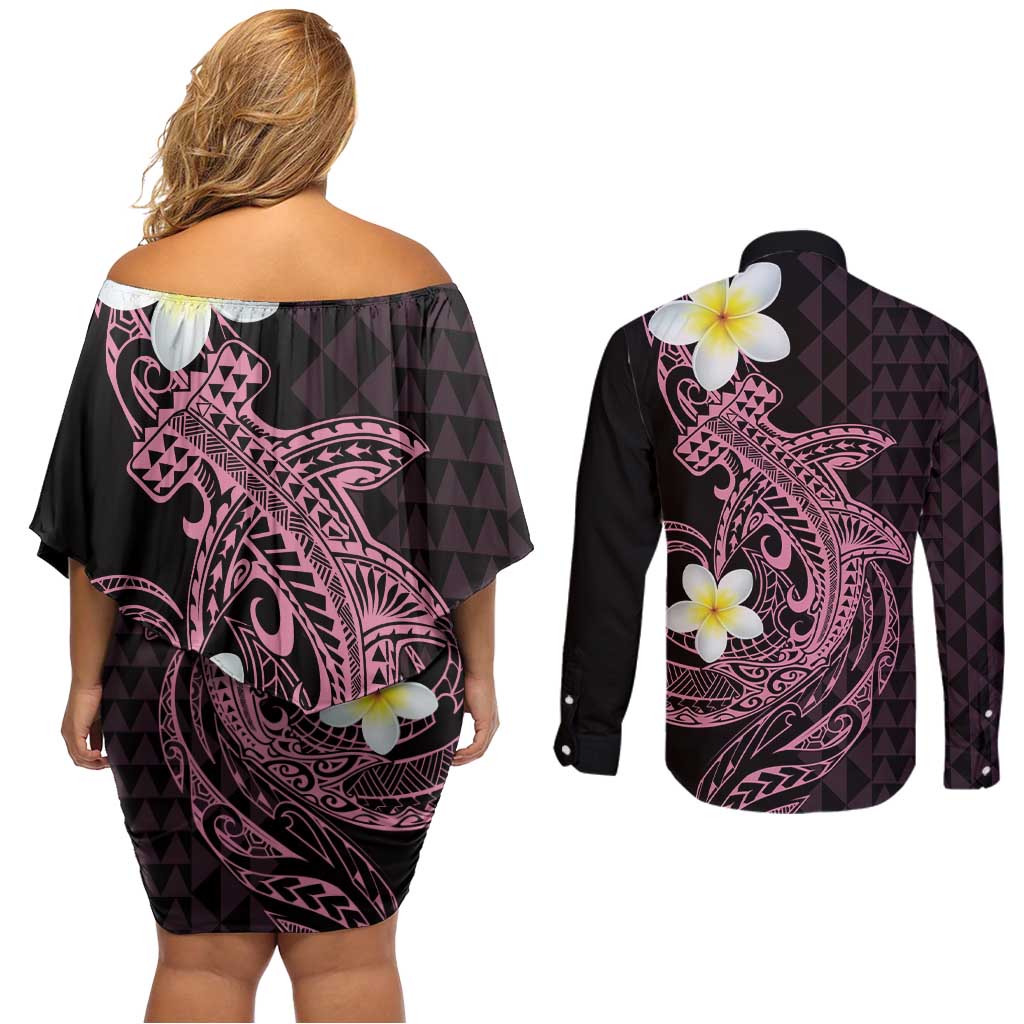 Aloha Hammerhead Shark Couples Matching Off Shoulder Short Dress and Long Sleeve Button Shirt Vivacious Pink Hawaiian Kakau Tribal Tattoo