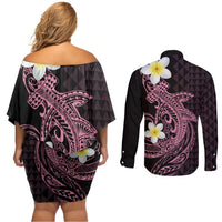 Aloha Hammerhead Shark Couples Matching Off Shoulder Short Dress and Long Sleeve Button Shirt Vivacious Pink Hawaiian Kakau Tribal Tattoo