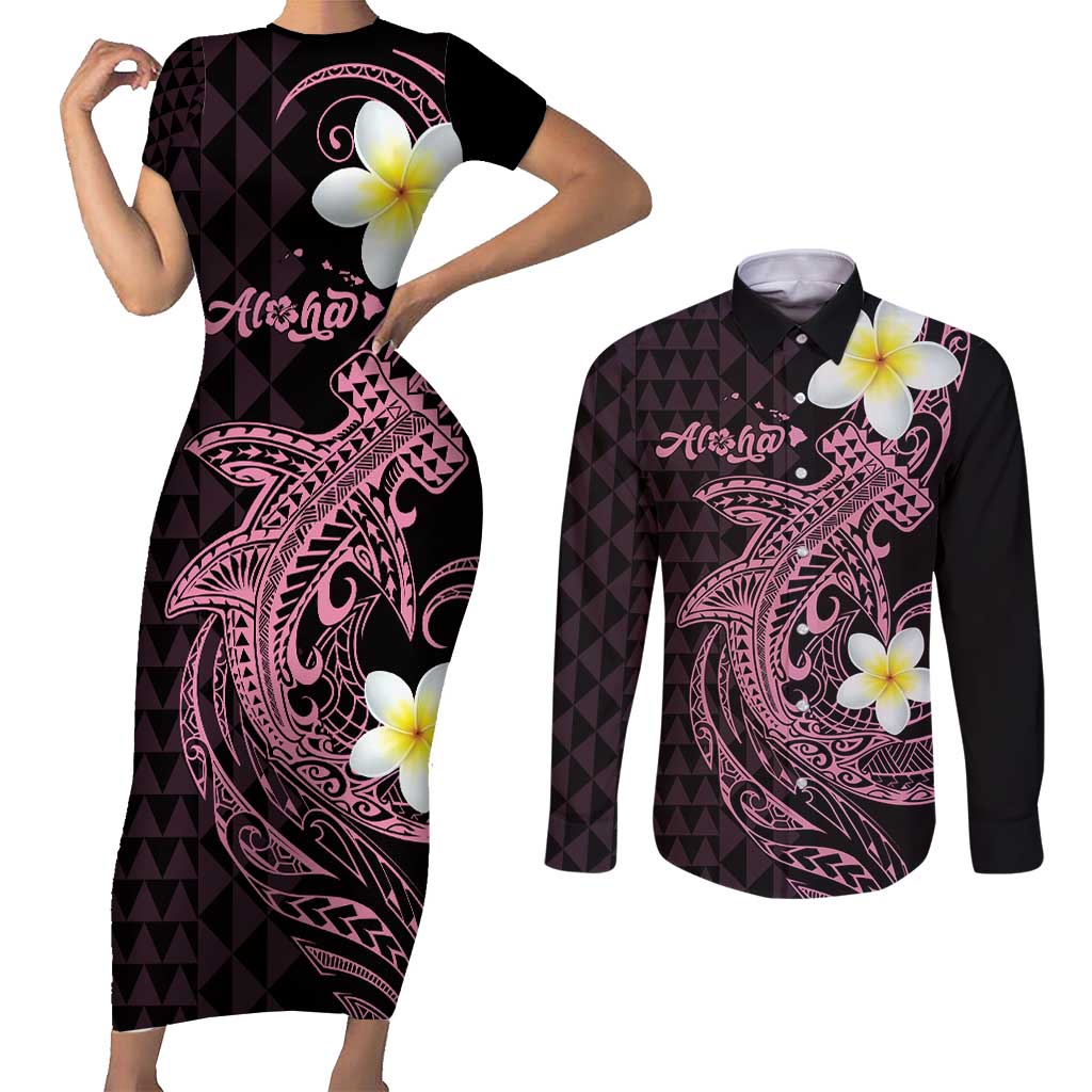Aloha Hammerhead Shark Couples Matching Short Sleeve Bodycon Dress and Long Sleeve Button Shirt Vivacious Pink Hawaiian Kakau Tribal Tattoo