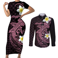Aloha Hammerhead Shark Couples Matching Short Sleeve Bodycon Dress and Long Sleeve Button Shirt Vivacious Pink Hawaiian Kakau Tribal Tattoo