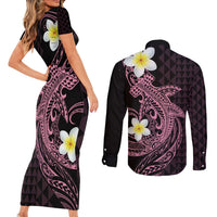 Aloha Hammerhead Shark Couples Matching Short Sleeve Bodycon Dress and Long Sleeve Button Shirt Vivacious Pink Hawaiian Kakau Tribal Tattoo