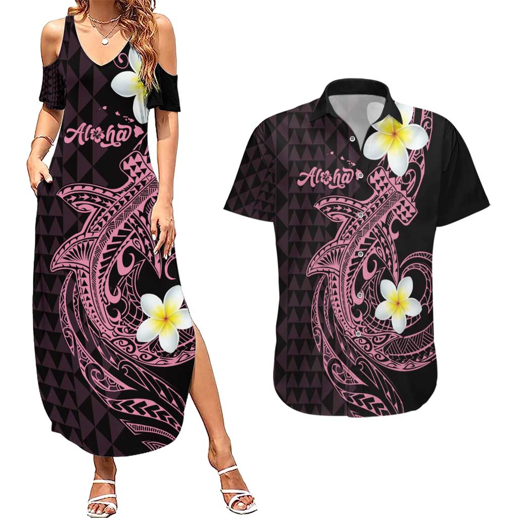 Aloha Hammerhead Shark Couples Matching Summer Maxi Dress and Hawaiian Shirt Vivacious Pink Hawaiian Kakau Tribal Tattoo