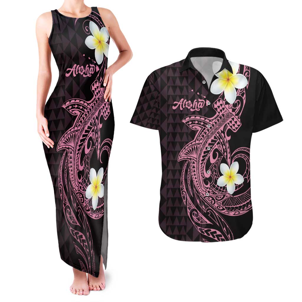 Aloha Hammerhead Shark Couples Matching Tank Maxi Dress and Hawaiian Shirt Vivacious Pink Hawaiian Kakau Tribal Tattoo