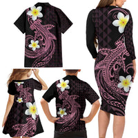 Aloha Hammerhead Shark Family Matching Long Sleeve Bodycon Dress and Hawaiian Shirt Vivacious Pink Hawaiian Kakau Tribal Tattoo