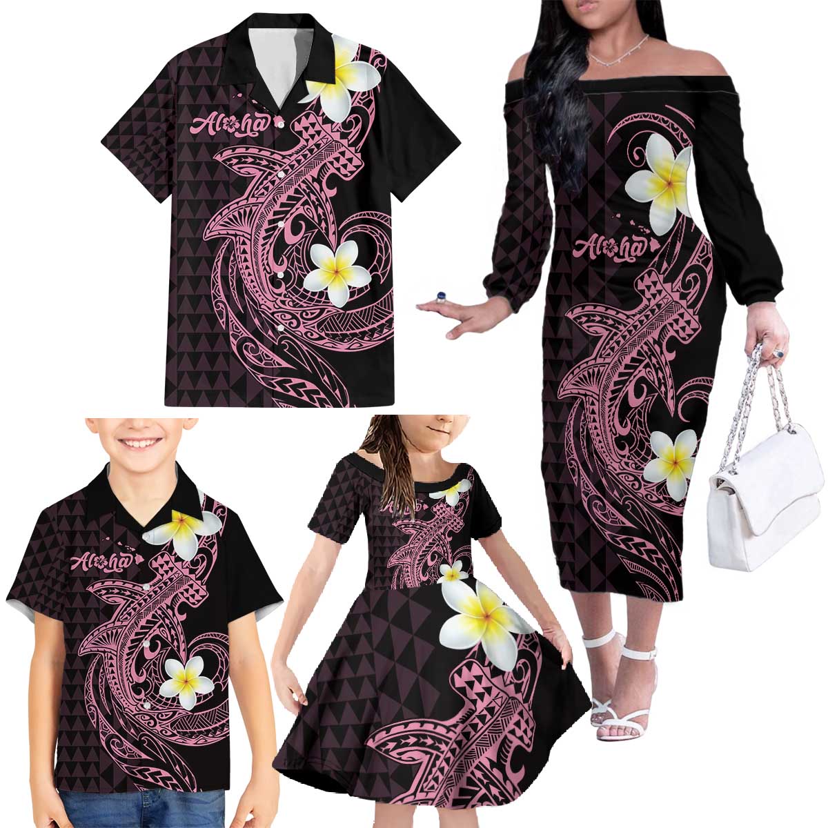 Aloha Hammerhead Shark Family Matching Off The Shoulder Long Sleeve Dress and Hawaiian Shirt Vivacious Pink Hawaiian Kakau Tribal Tattoo