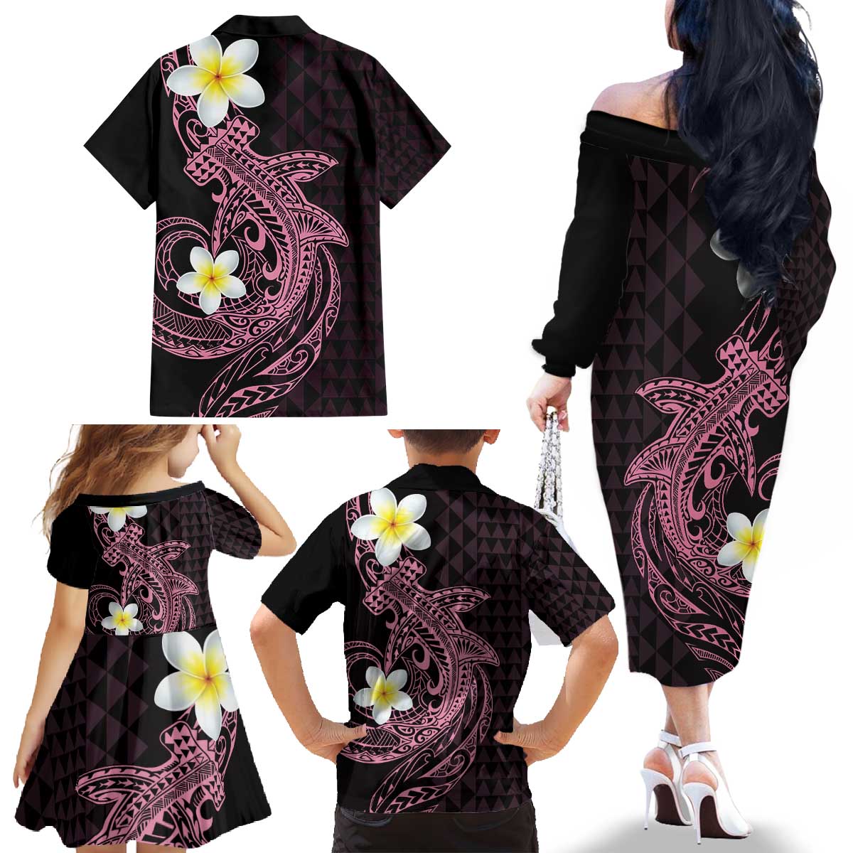 Aloha Hammerhead Shark Family Matching Off The Shoulder Long Sleeve Dress and Hawaiian Shirt Vivacious Pink Hawaiian Kakau Tribal Tattoo