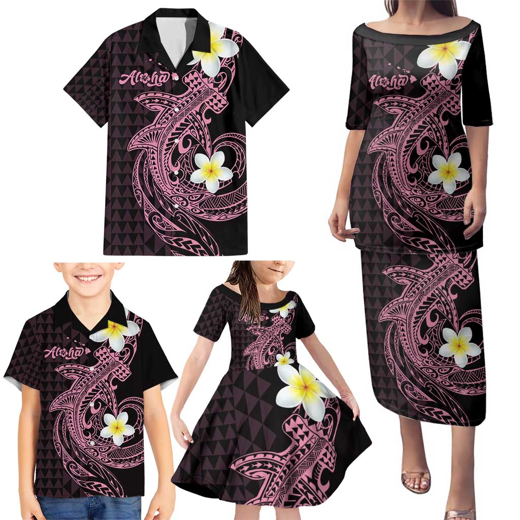 Aloha Hammerhead Shark Family Matching Puletasi and Hawaiian Shirt Vivacious Pink Hawaiian Kakau Tribal Tattoo