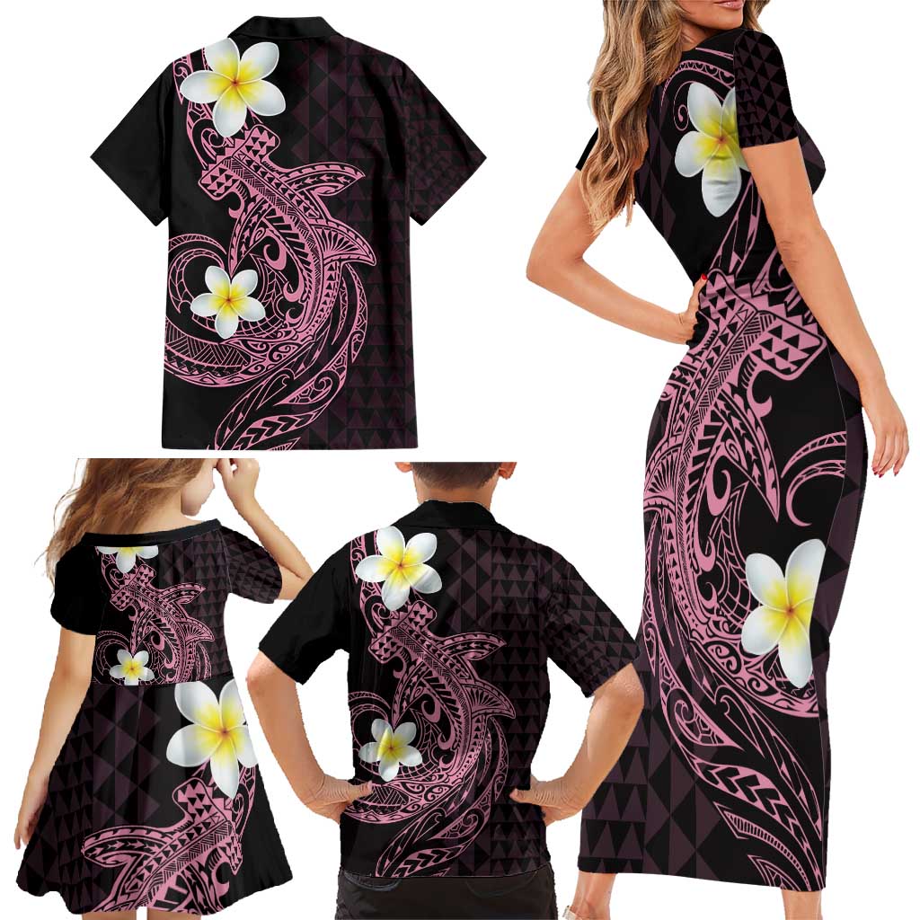Aloha Hammerhead Shark Family Matching Short Sleeve Bodycon Dress and Hawaiian Shirt Vivacious Pink Hawaiian Kakau Tribal Tattoo