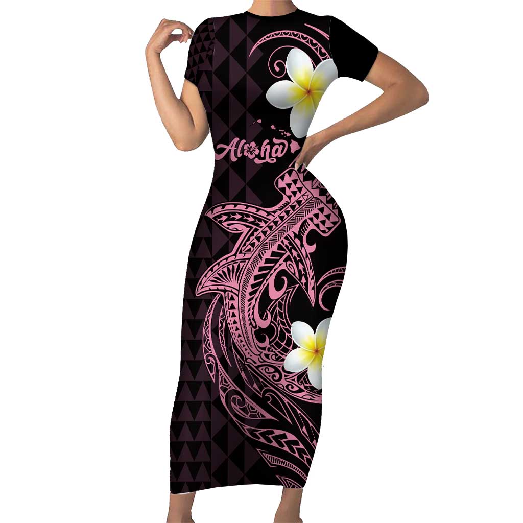Aloha Hammerhead Shark Family Matching Short Sleeve Bodycon Dress and Hawaiian Shirt Vivacious Pink Hawaiian Kakau Tribal Tattoo