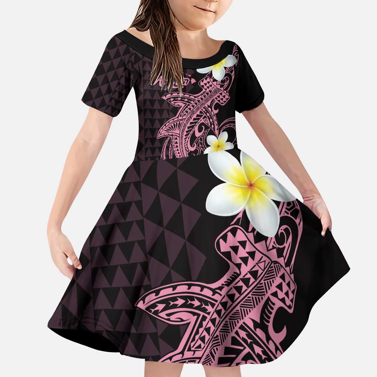 Aloha Hammerhead Shark Kid Short Sleeve Dress Vivacious Pink Hawaiian Kakau Tribal Tattoo