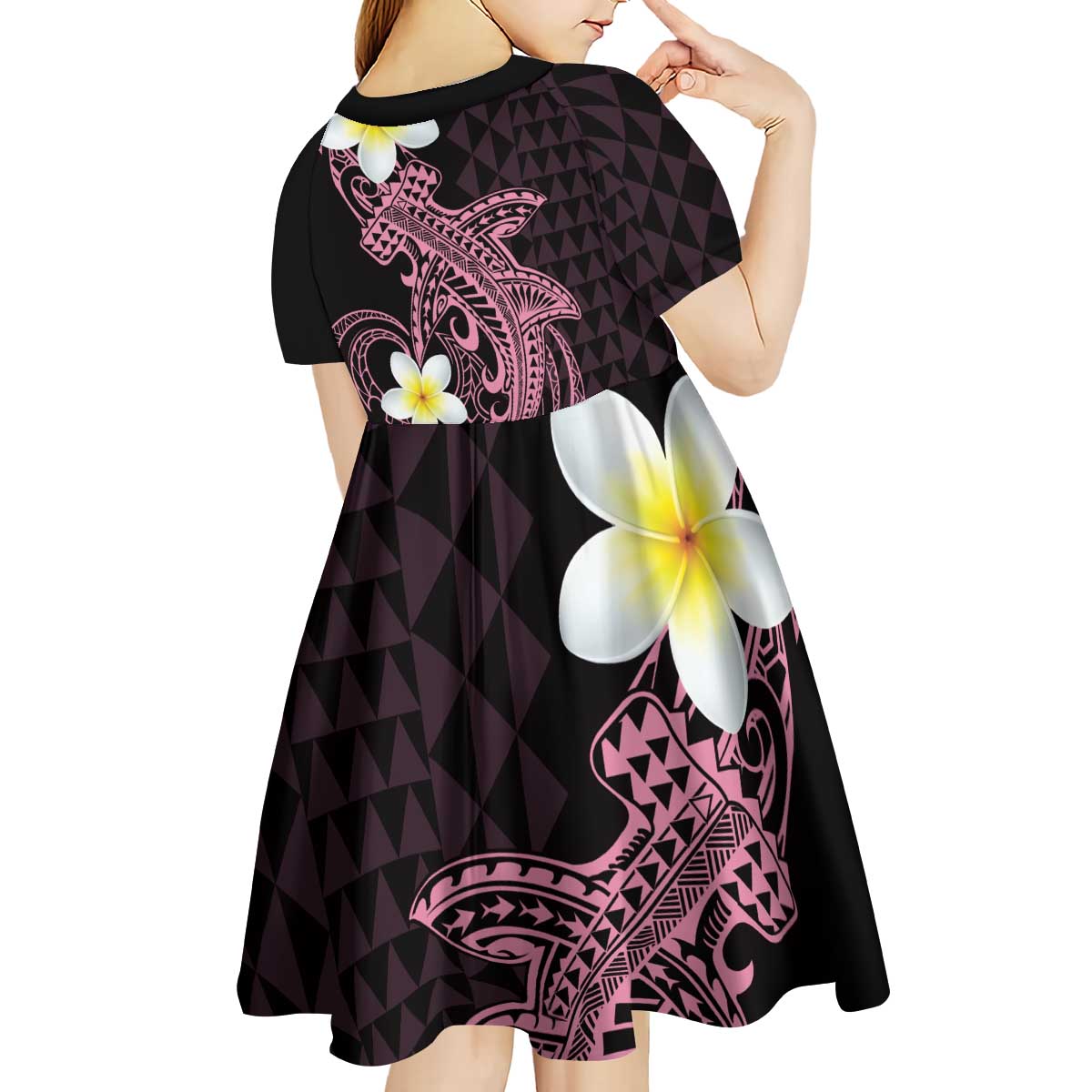 Aloha Hammerhead Shark Kid Short Sleeve Dress Vivacious Pink Hawaiian Kakau Tribal Tattoo