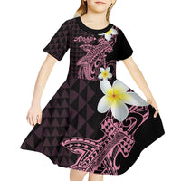 Aloha Hammerhead Shark Kid Short Sleeve Dress Vivacious Pink Hawaiian Kakau Tribal Tattoo