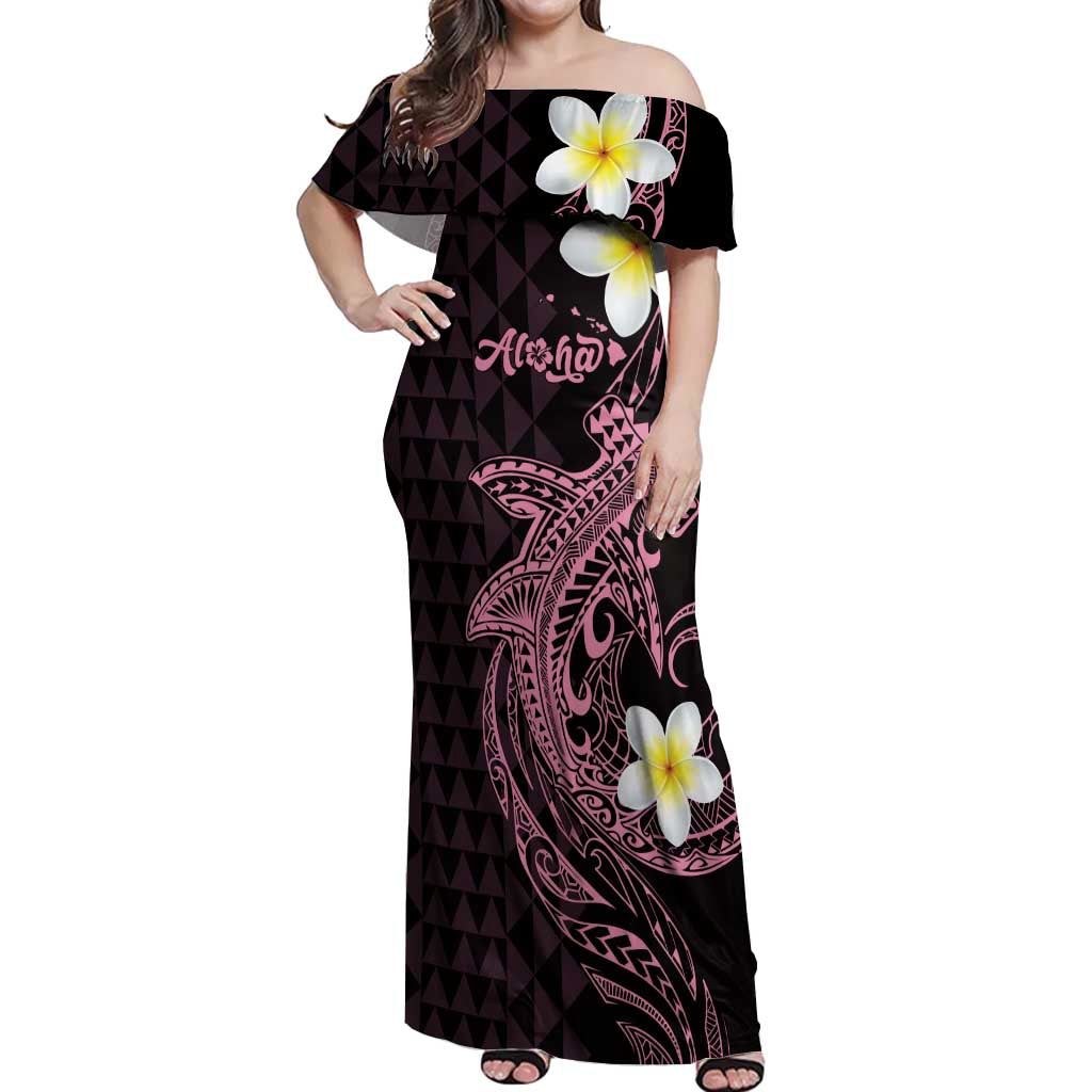 Aloha Hammerhead Shark Off Shoulder Maxi Dress Vivacious Pink Hawaiian Kakau Tribal Tattoo