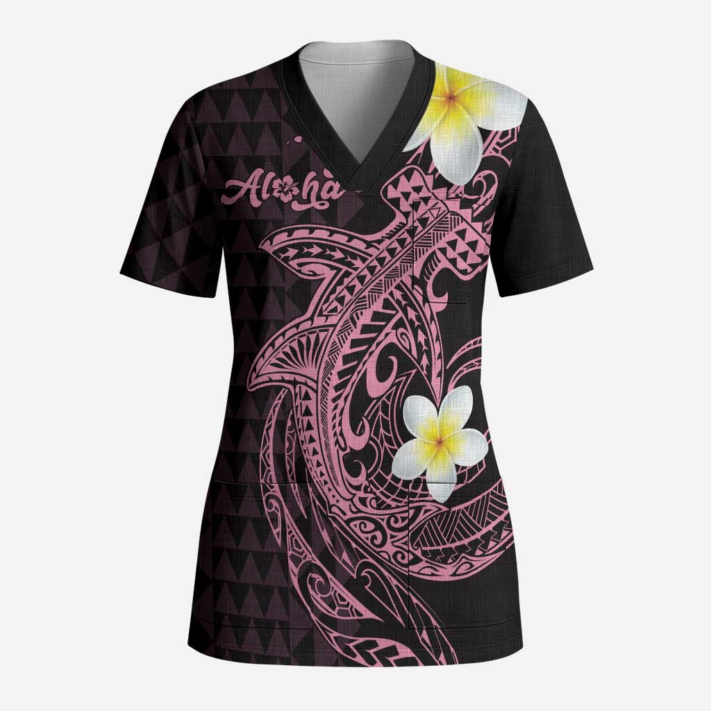 Aloha Hammerhead Shark Scrub Top Vivacious Pink Hawaiian Kakau Tribal Tattoo LT9 Adult Pink - Polynesian Pride