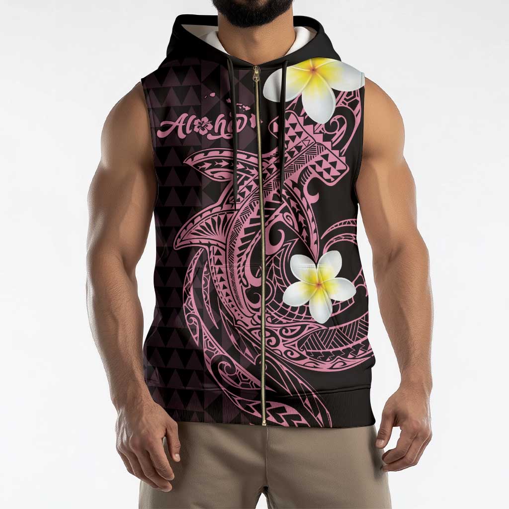 Aloha Hammerhead Shark Sleeveless Zip Hoodie Vivacious Pink Hawaiian Kakau Tribal Tattoo - Polynesian Pride