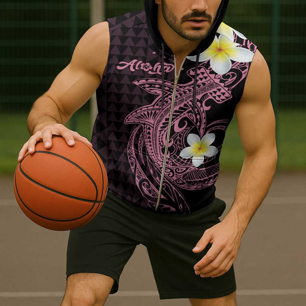 Aloha Hammerhead Shark Sleeveless Zip Hoodie Vivacious Pink Hawaiian Kakau Tribal Tattoo - Polynesian Pride