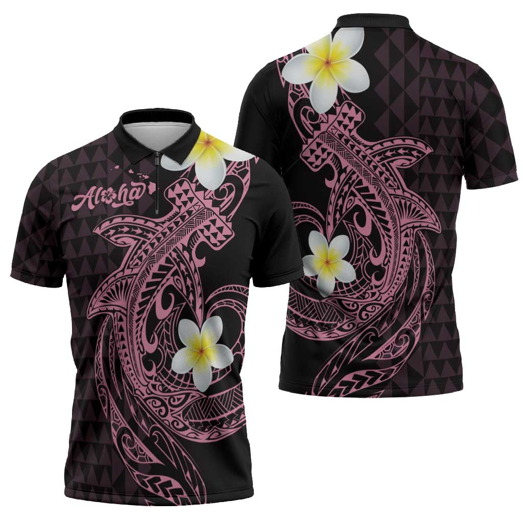 Aloha Hammerhead Shark Zipper Polo Shirt Vivacious Pink Hawaiian Kakau Tribal Tattoo - Polynesian Pride