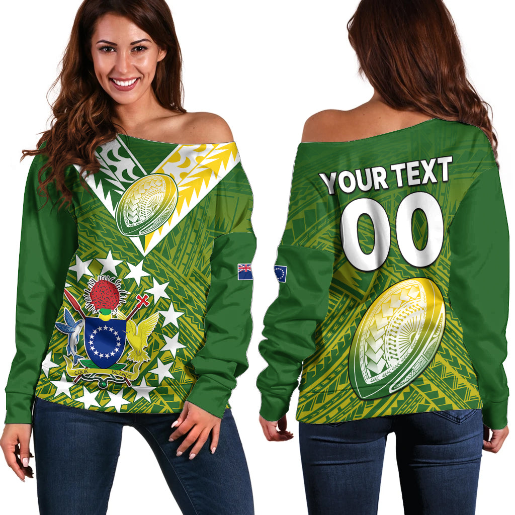 (Custom Text And Number) The Kuki's Cook Islands Rugby Off Shoulder Sweater Be Unique Vibe Green LT9 Women Green - Polynesian Pride