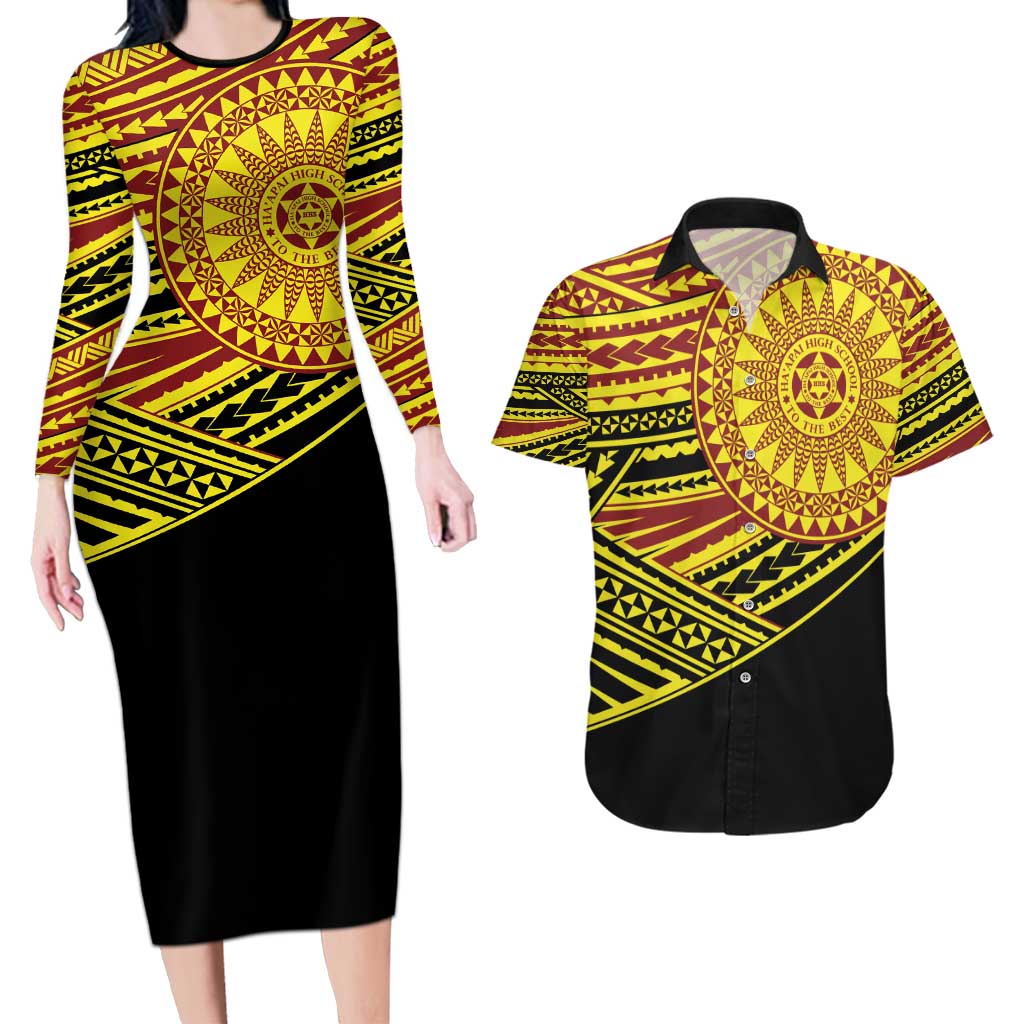 Personalised Tonga Ha apai High School Couples Matching Long Sleeve Bodycon Dress and Hawaiian Shirt Ngatu Fonulei Pattern