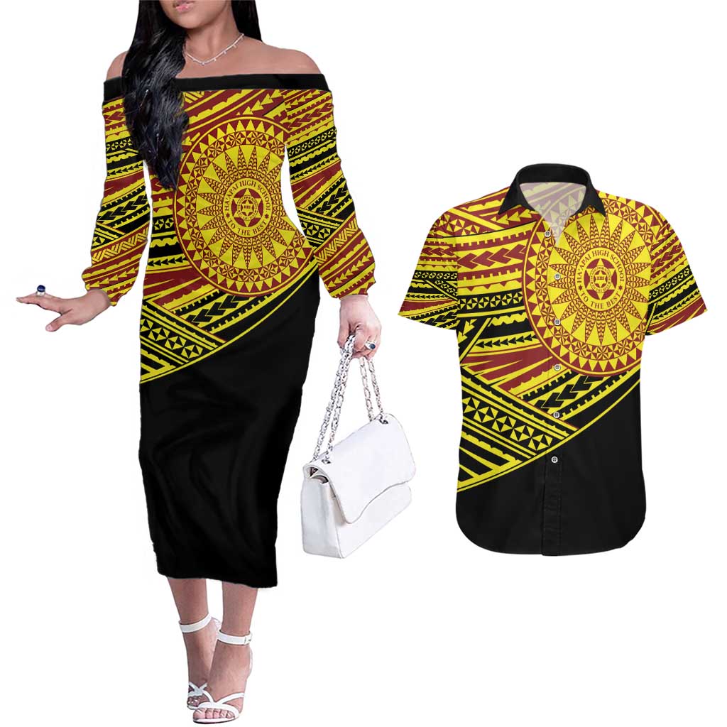 Personalised Tonga Ha apai High School Couples Matching Off The Shoulder Long Sleeve Dress and Hawaiian Shirt Ngatu Fonulei Pattern
