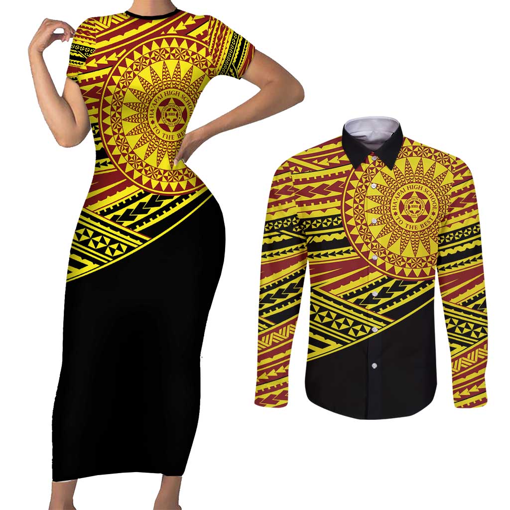Personalised Tonga Ha apai High School Couples Matching Short Sleeve Bodycon Dress and Long Sleeve Button Shirt Ngatu Fonulei Pattern