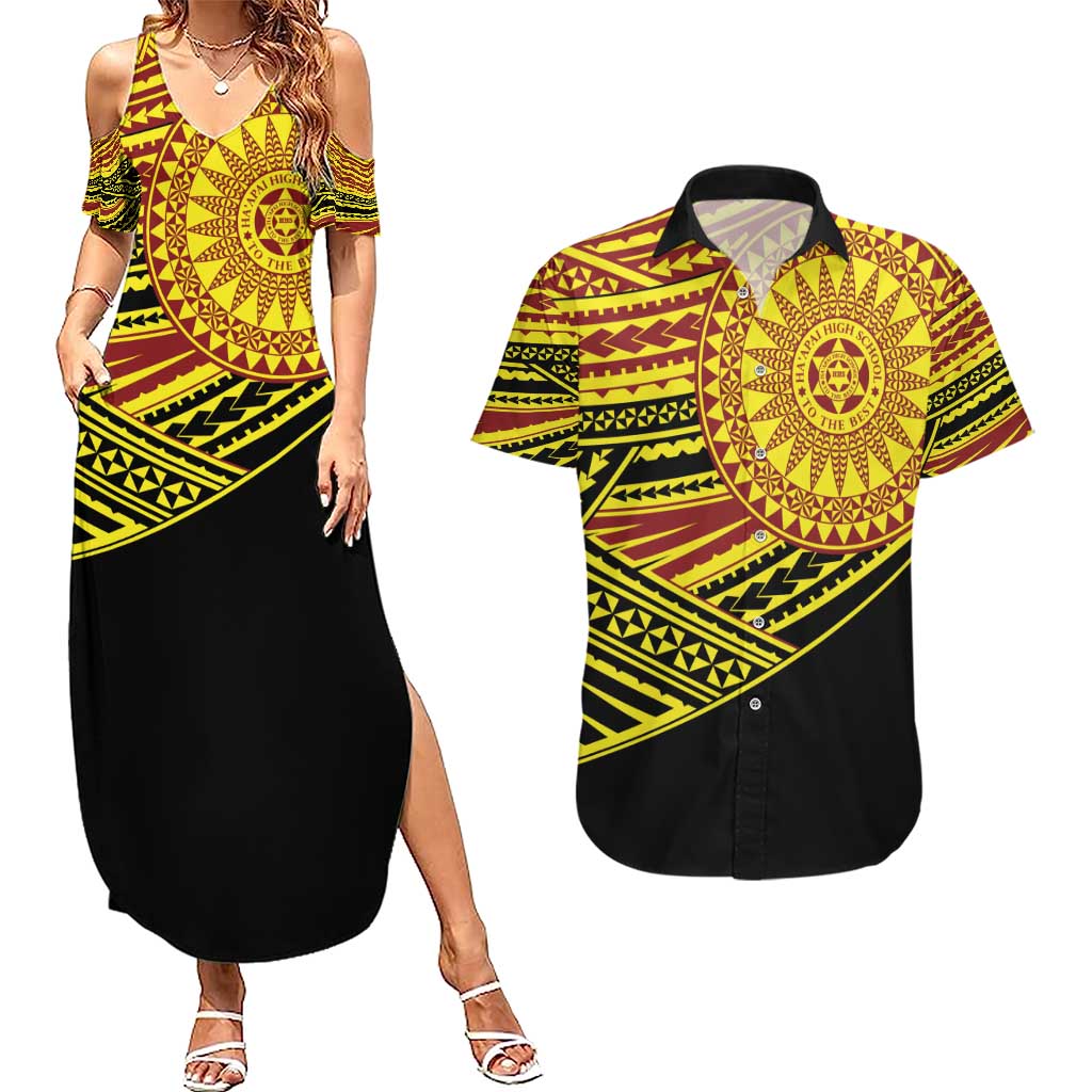 Personalised Tonga Ha apai High School Couples Matching Summer Maxi Dress and Hawaiian Shirt Ngatu Fonulei Pattern