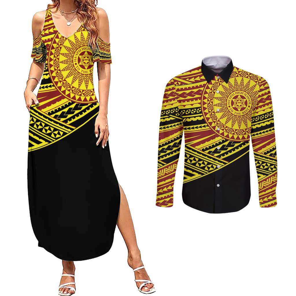 Personalised Tonga Ha apai High School Couples Matching Summer Maxi Dress and Long Sleeve Button Shirt Ngatu Fonulei Pattern