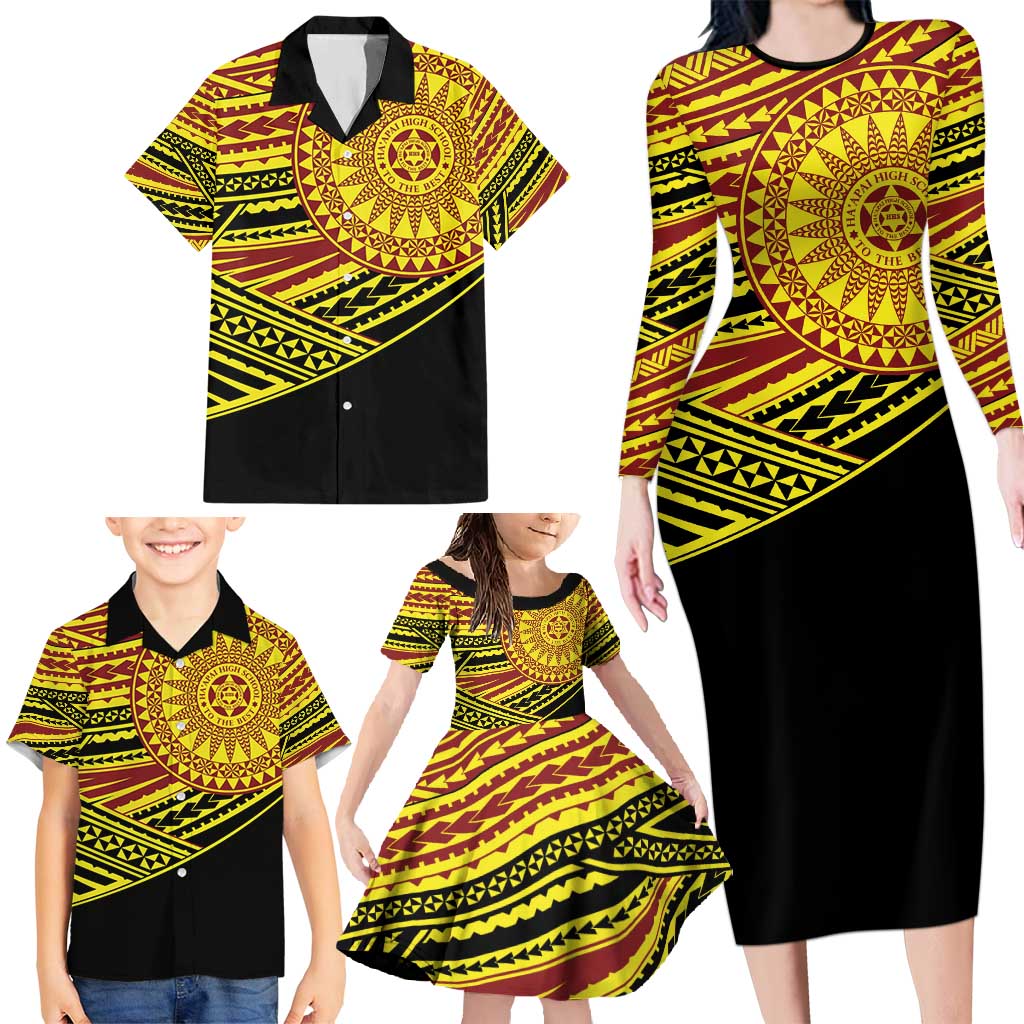 Personalised Tonga Ha apai High School Family Matching Long Sleeve Bodycon Dress and Hawaiian Shirt Ngatu Fonulei Pattern