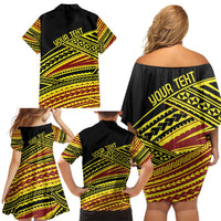 Personalised Tonga Ha apai High School Family Matching Off Shoulder Short Dress and Hawaiian Shirt Ngatu Fonulei Pattern
