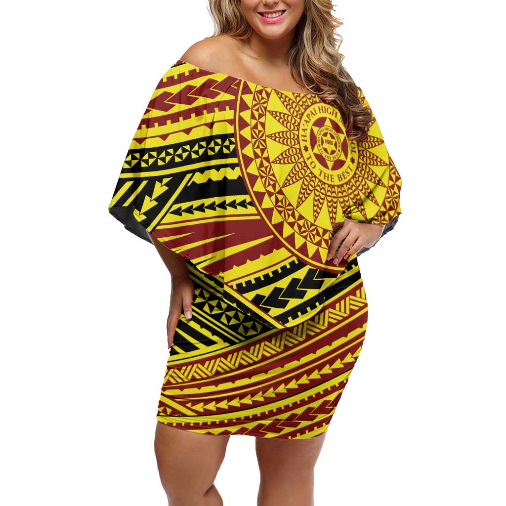 Personalised Tonga Ha apai High School Family Matching Off Shoulder Short Dress and Hawaiian Shirt Ngatu Fonulei Pattern