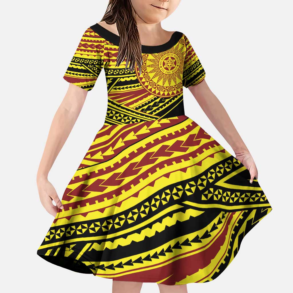 Personalised Tonga Ha apai High School Family Matching Puletasi and Hawaiian Shirt Ngatu Fonulei Pattern LT9 Daughter's Dress Gold - Polynesian Pride