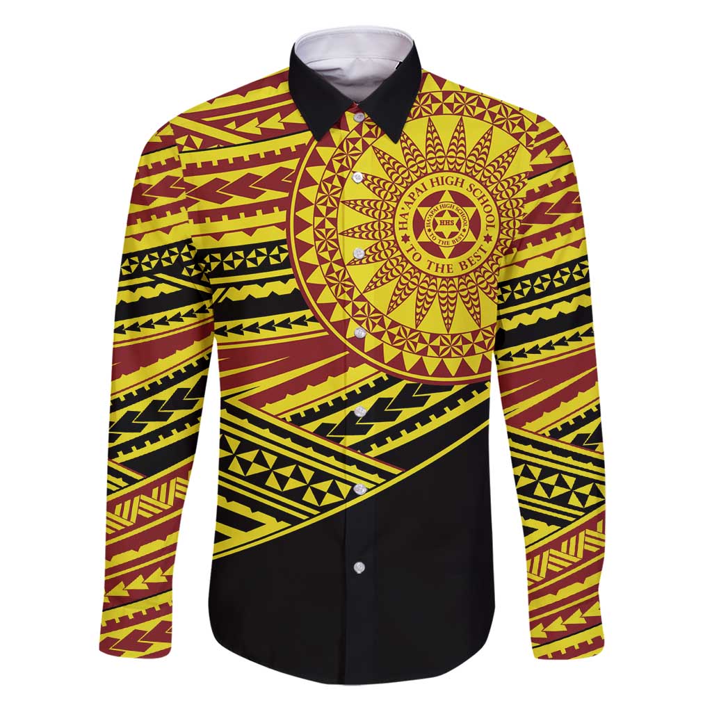 Personalised Tonga Ha apai High School Family Matching Puletasi and Hawaiian Shirt Ngatu Fonulei Pattern LT9 Dad's Shirt - Long Sleeve Gold - Polynesian Pride