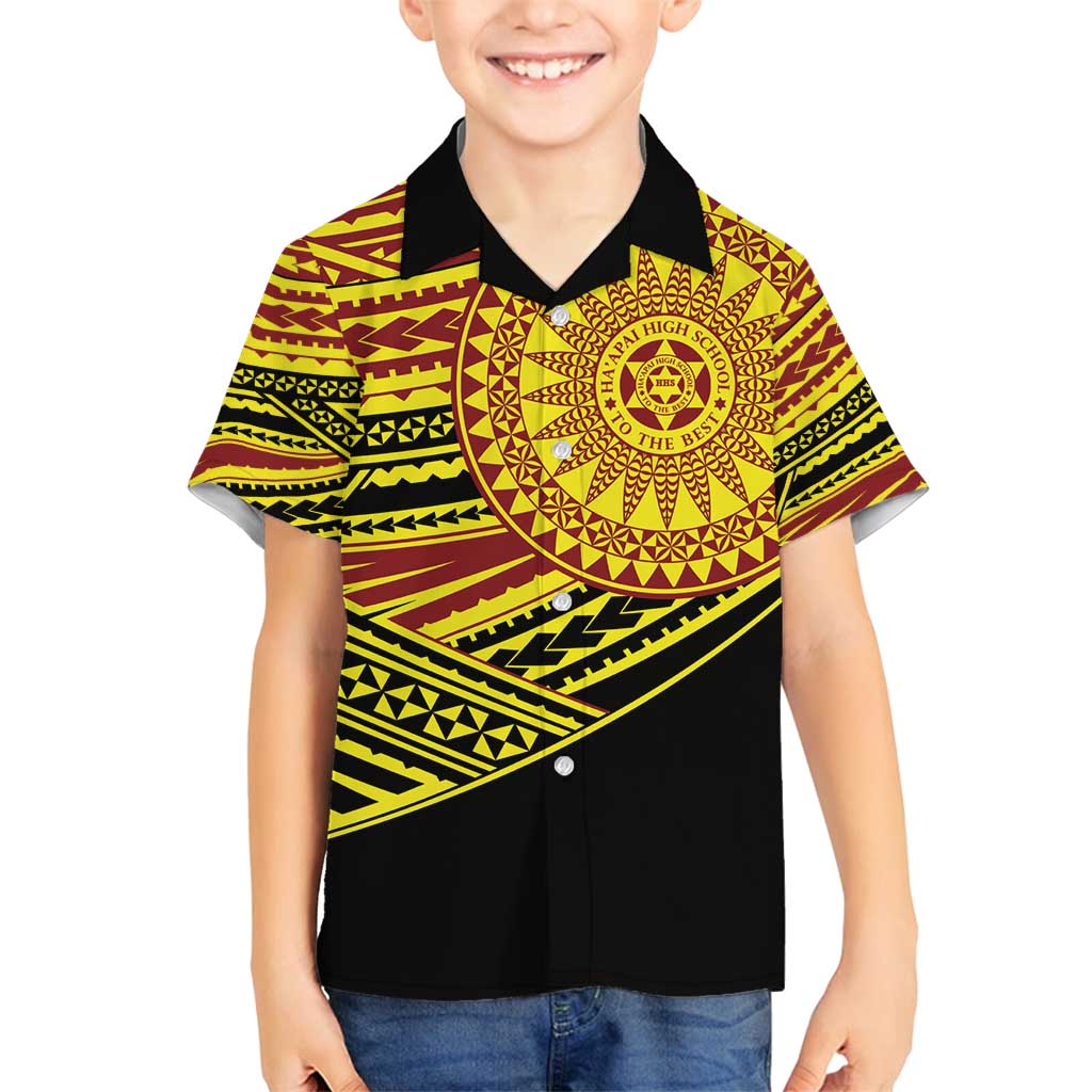 Personalised Tonga Ha apai High School Family Matching Puletasi and Hawaiian Shirt Ngatu Fonulei Pattern LT9 Son's Shirt Gold - Polynesian Pride