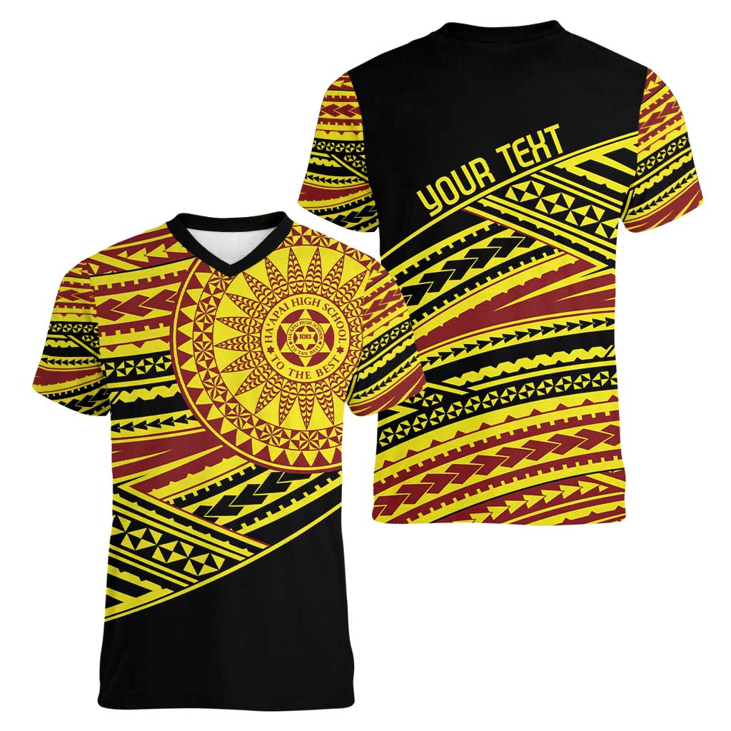Personalised Tonga Ha apai High School Women V-Neck T-Shirt Ngatu Fonulei Pattern LT9 - Polynesian Pride