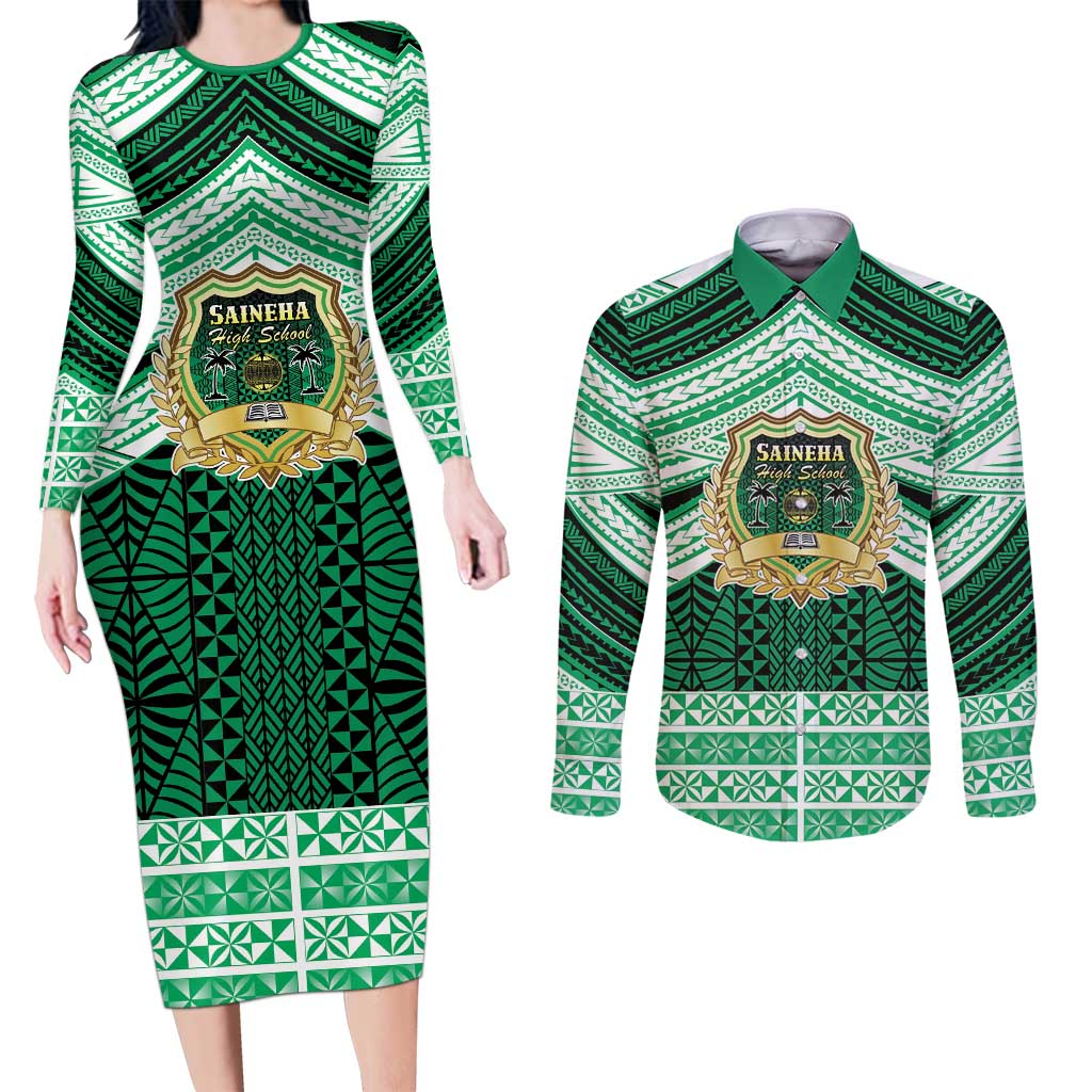 Personalised Tonga Saineha High School Couples Matching Long Sleeve Bodycon Dress and Long Sleeve Button Shirt Polynesian Ngatu Tribal