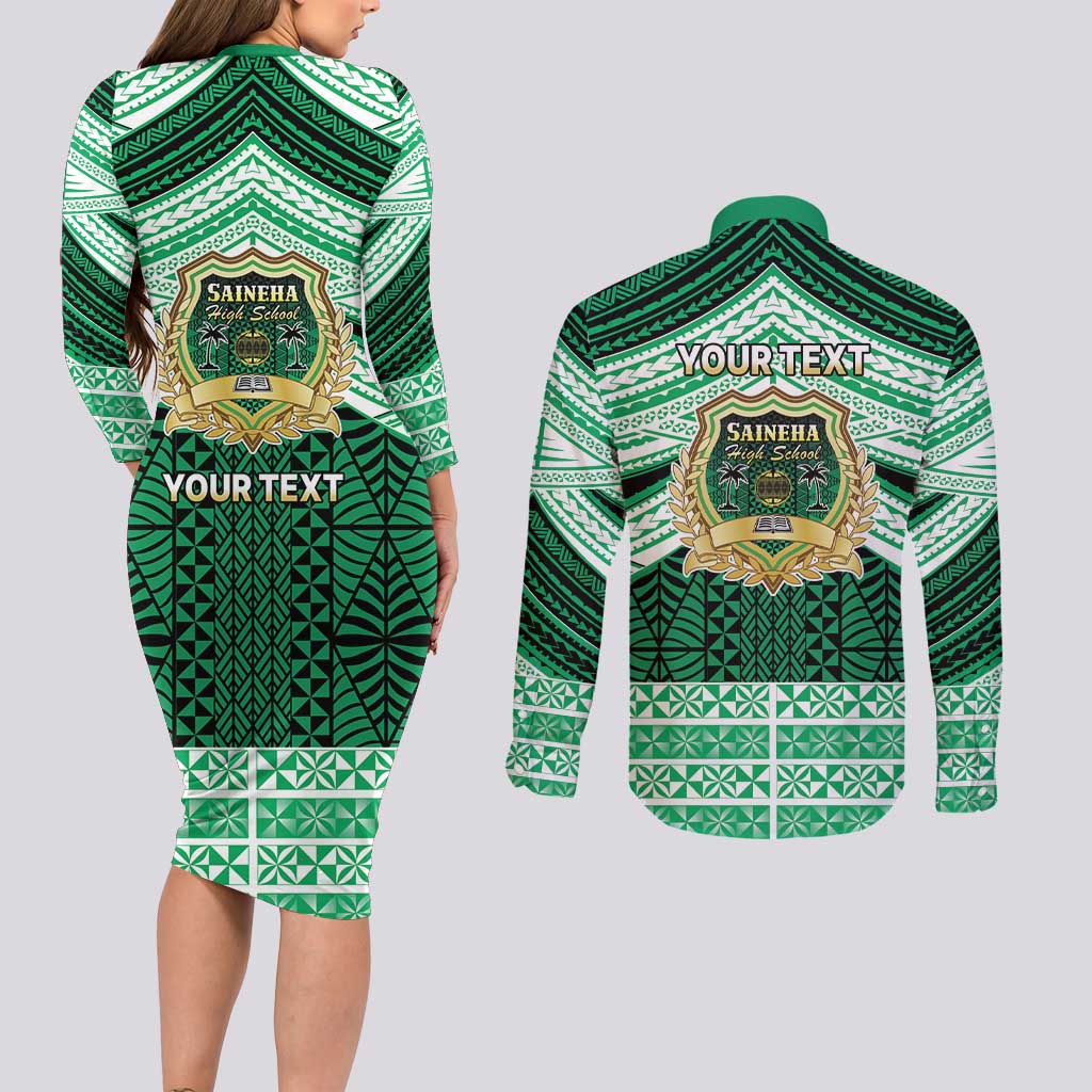 Personalised Tonga Saineha High School Couples Matching Long Sleeve Bodycon Dress and Long Sleeve Button Shirt Polynesian Ngatu Tribal