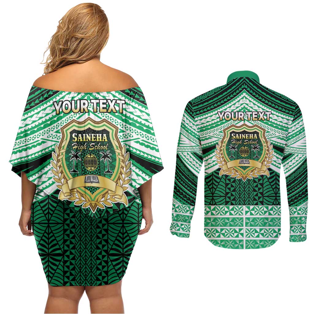 Personalised Tonga Saineha High School Couples Matching Off Shoulder Short Dress and Long Sleeve Button Shirt Polynesian Ngatu Tribal
