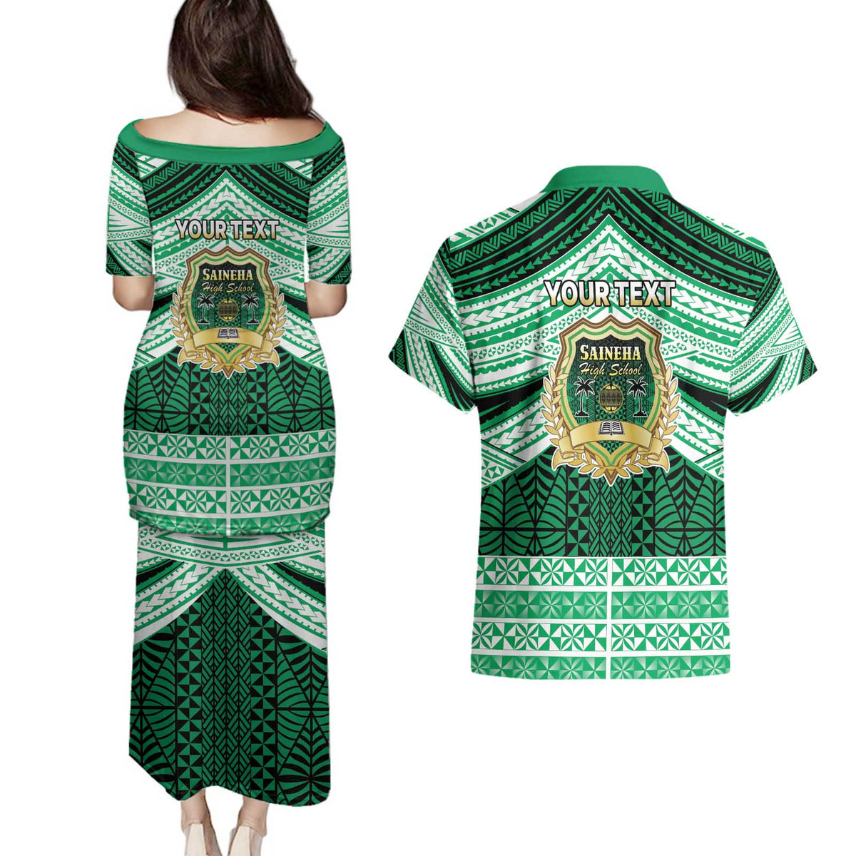 Personalised Tonga Saineha High School Couples Matching Puletasi and Hawaiian Shirt Polynesian Ngatu Tribal