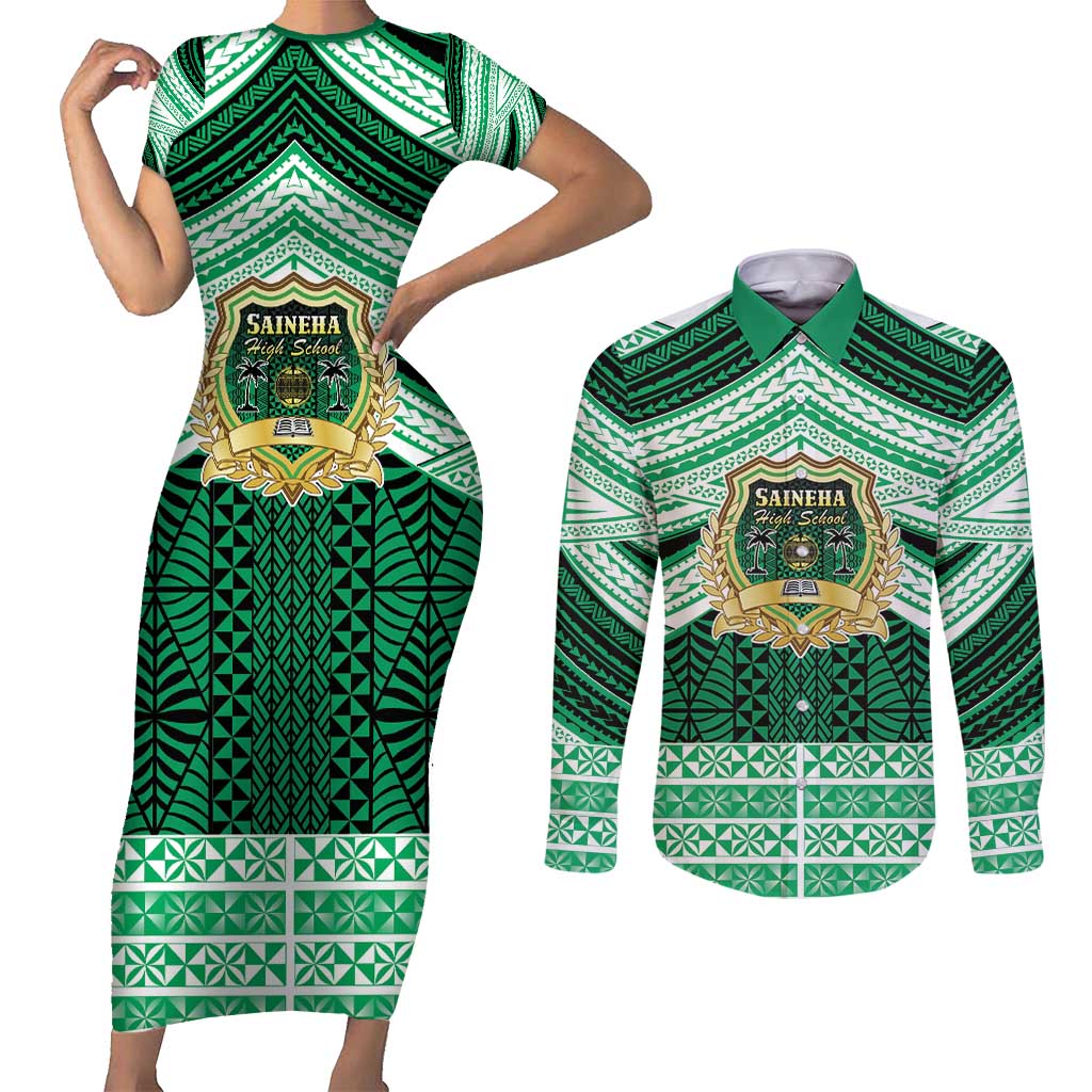 Personalised Tonga Saineha High School Couples Matching Short Sleeve Bodycon Dress and Long Sleeve Button Shirt Polynesian Ngatu Tribal