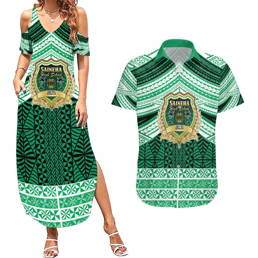 Personalised Tonga Saineha High School Couples Matching Summer Maxi Dress and Hawaiian Shirt Polynesian Ngatu Tribal