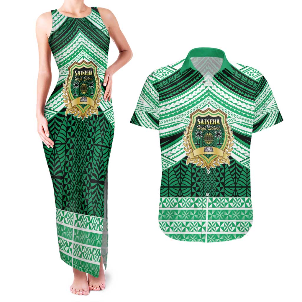 Personalised Tonga Saineha High School Couples Matching Tank Maxi Dress and Hawaiian Shirt Polynesian Ngatu Tribal