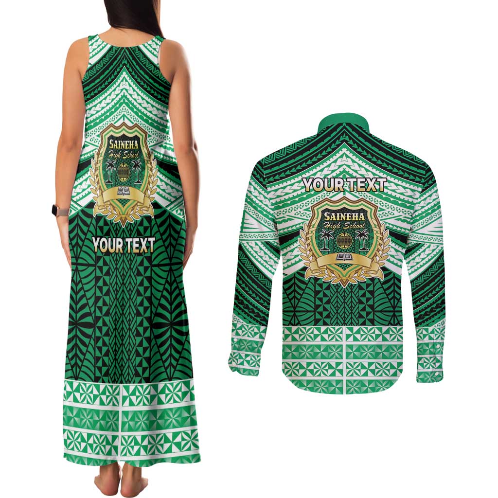 Personalised Tonga Saineha High School Couples Matching Tank Maxi Dress and Long Sleeve Button Shirt Polynesian Ngatu Tribal
