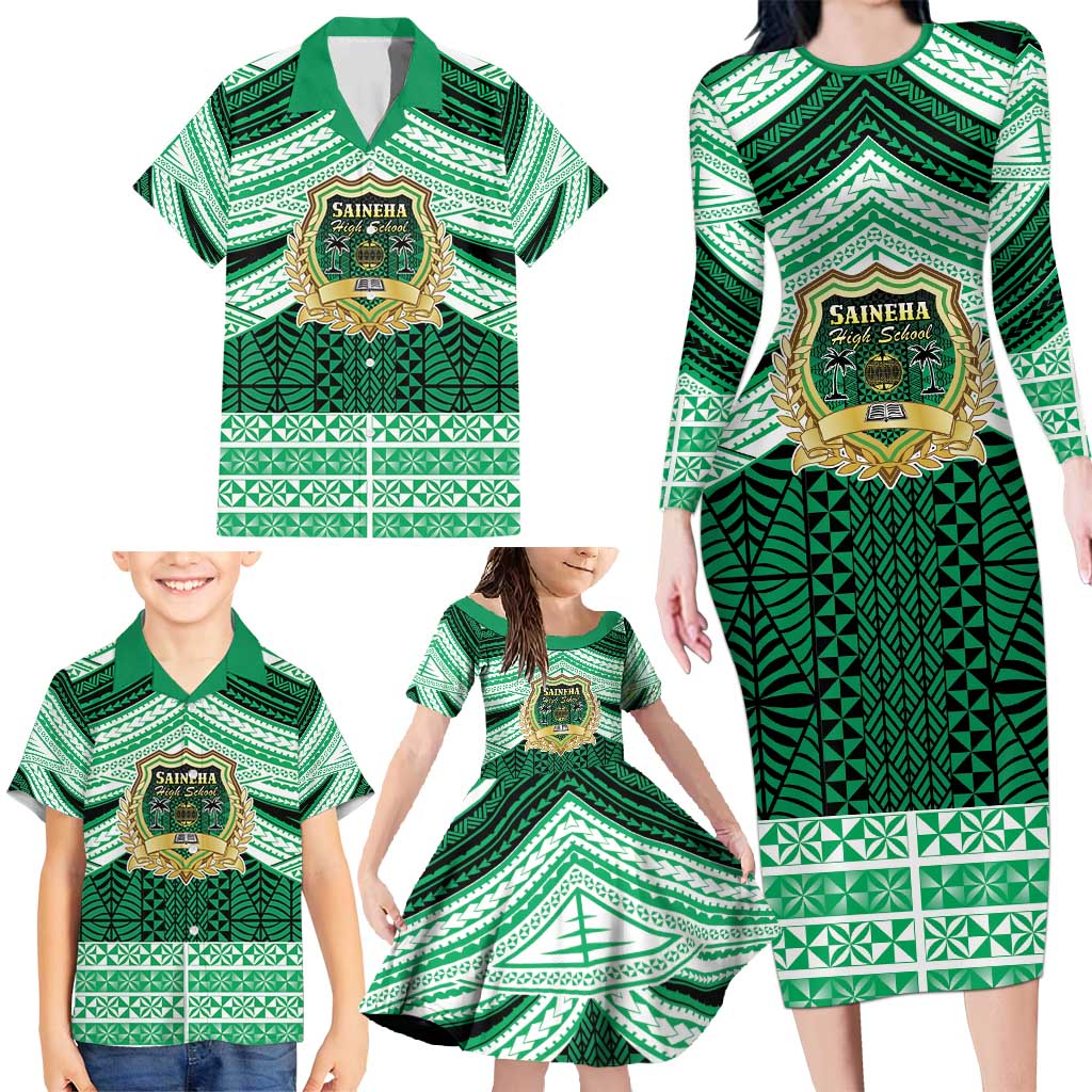 Personalised Tonga Saineha High School Family Matching Long Sleeve Bodycon Dress and Hawaiian Shirt Polynesian Ngatu Tribal