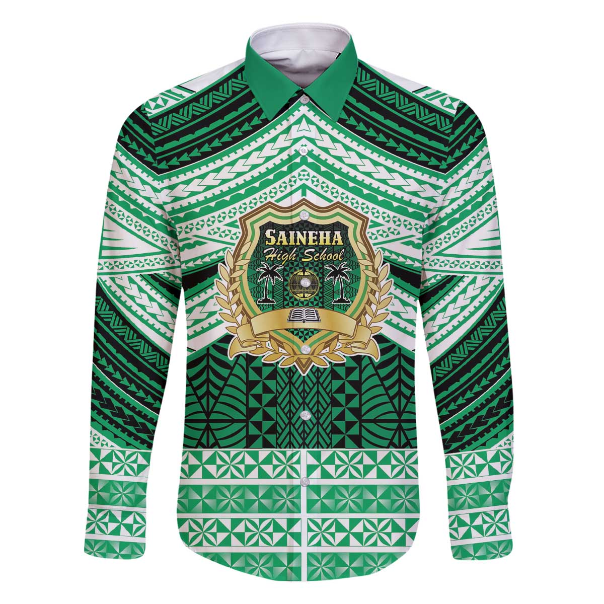 Personalised Tonga Saineha High School Family Matching Off The Shoulder Long Sleeve Dress and Hawaiian Shirt Polynesian Ngatu Tribal