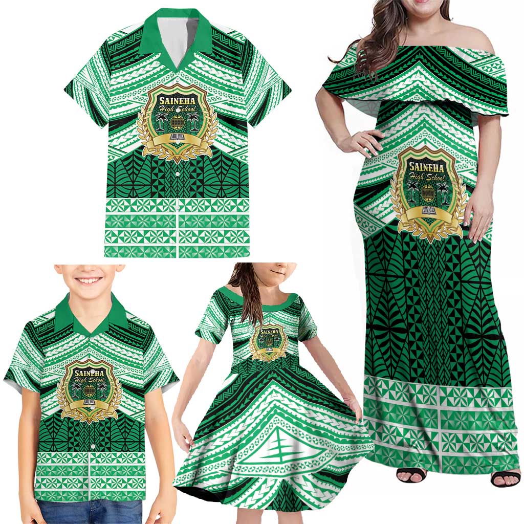 Personalised Tonga Saineha High School Family Matching Off Shoulder Maxi Dress and Hawaiian Shirt Polynesian Ngatu Tribal