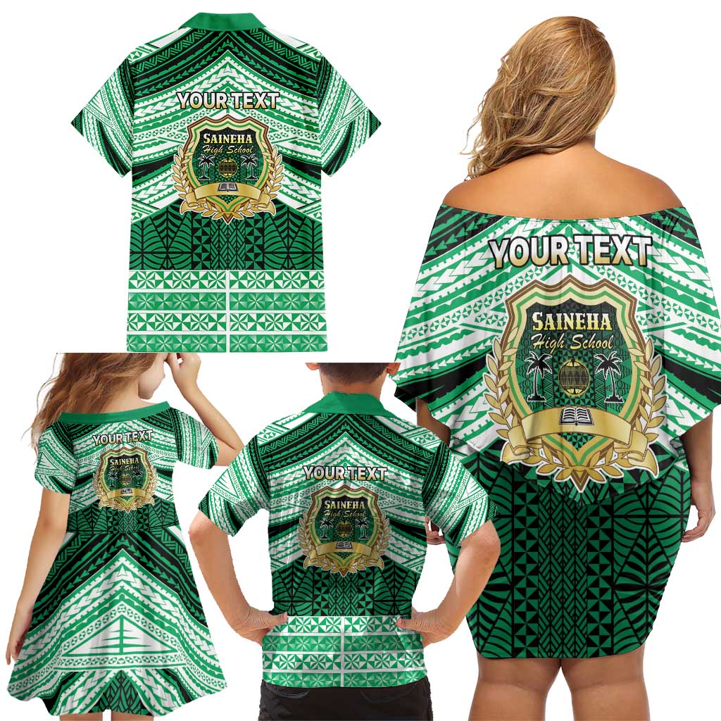 Personalised Tonga Saineha High School Family Matching Off Shoulder Short Dress and Hawaiian Shirt Polynesian Ngatu Tribal