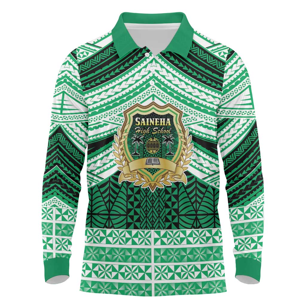 Personalised Tonga Saineha High School Long Sleeve Polo Shirt Polynesian Ngatu Tribal