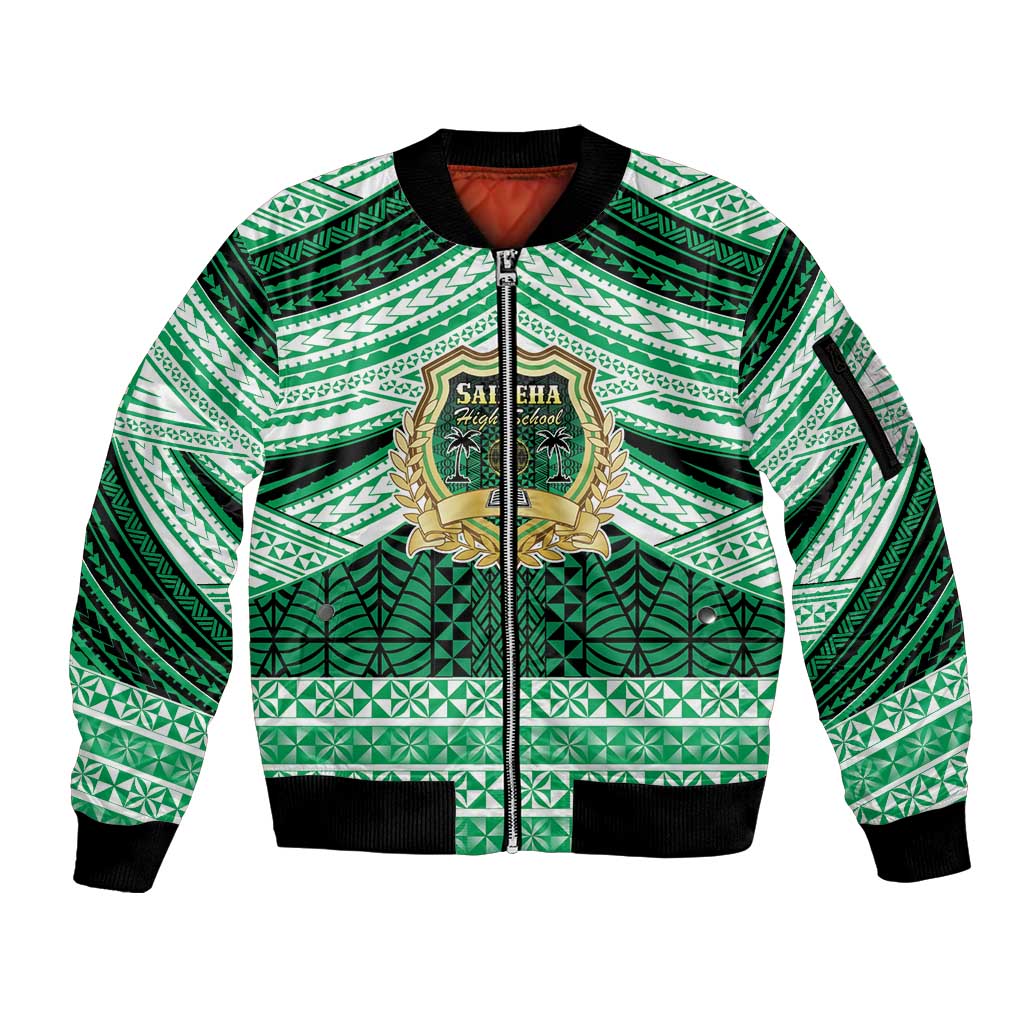 Personalised Tonga Saineha High School Sleeve Zip Bomber Jacket Polynesian Ngatu Tribal